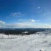Ein schneebedeckter Berg mit Zäunen und Bäumen.