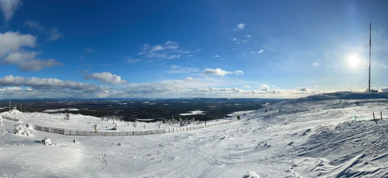 Ein schneebedeckter Berg mit Zäunen und Bäumen.